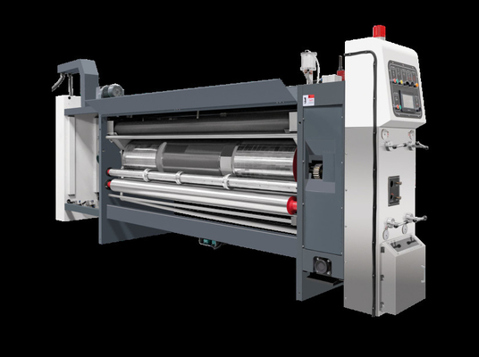Cartone ondulato G6-1224 Struttura di alimentazione libera dalla pressione Connessione del bordo del piombo Trasferimento del vuoto 4 Stampa a colori + Slotter + Cutter + Vibratore + Stacker