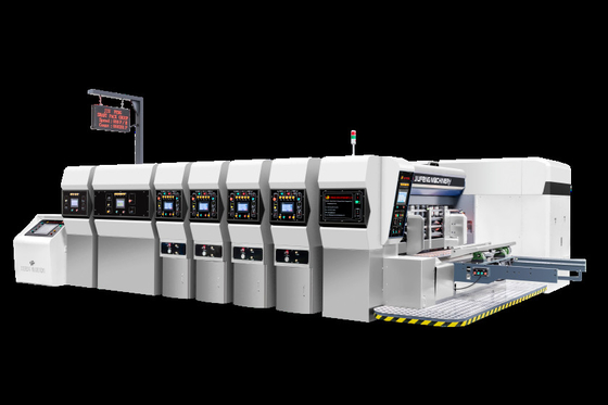 Cartone ondulato G6-0920 Tutto controllato da computer Pressione di alimentazione libera Struttura di bordo di piombo Trasferimento di vuoto 4 Stampa a colori + Slotter + Cutter Die + Vibratore + Stacker